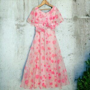 Vintage Handmade Rose Floral Print Chiffon V Neck Flutter Sleeve Mai Dress ML